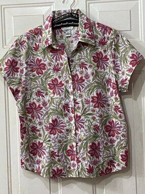 NEW Talbots Wrinkle Resistant Sz 14 Blouse Button Up Short Sleeve Multi Floral